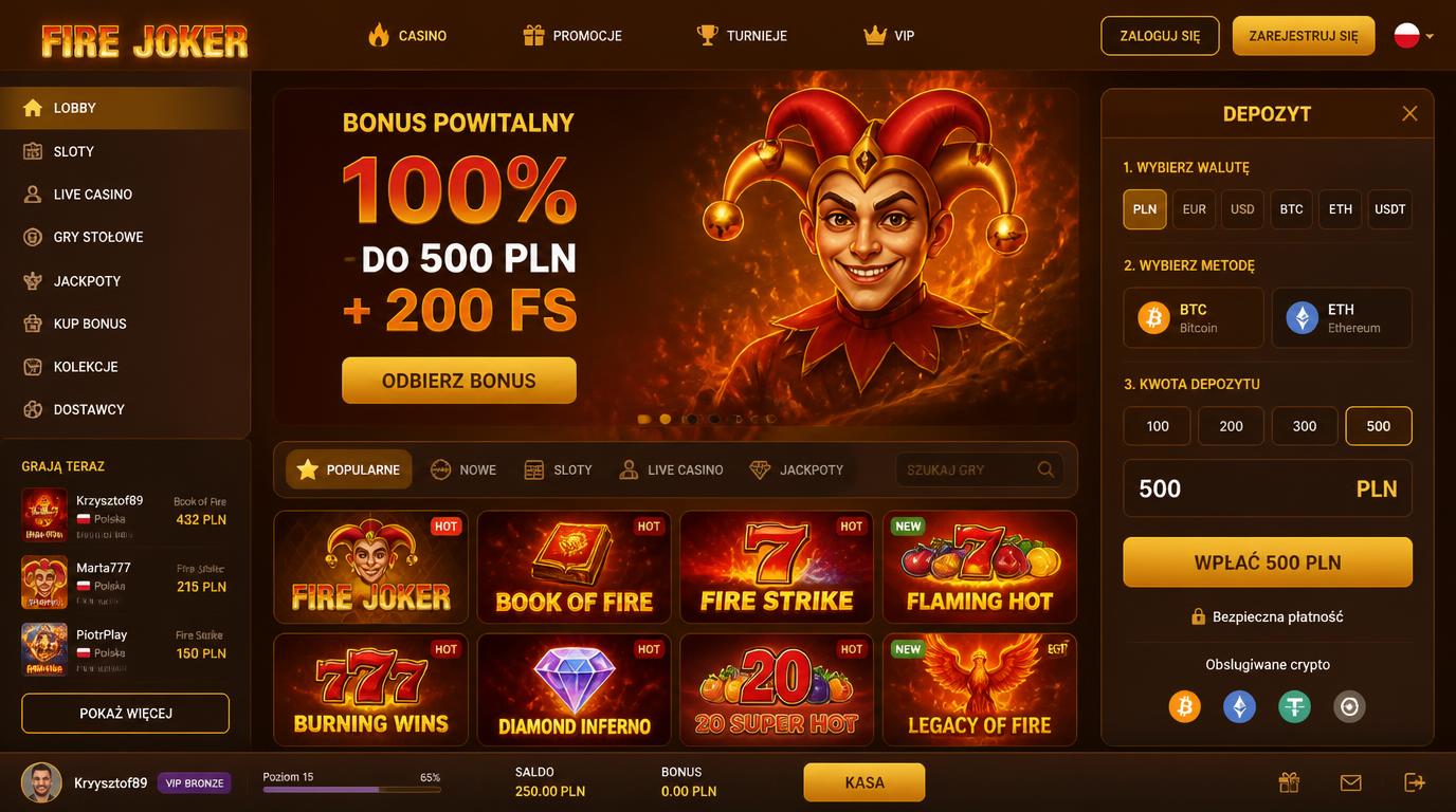 Użytkownik odbiera pakiet powitalny Fire Joker Casino na ekranie z bonusami.