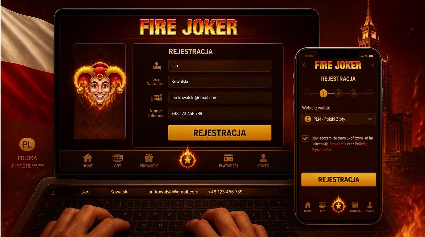 Interfejs rejestracji kasyna Fire Joker Polska z formularzem danych.