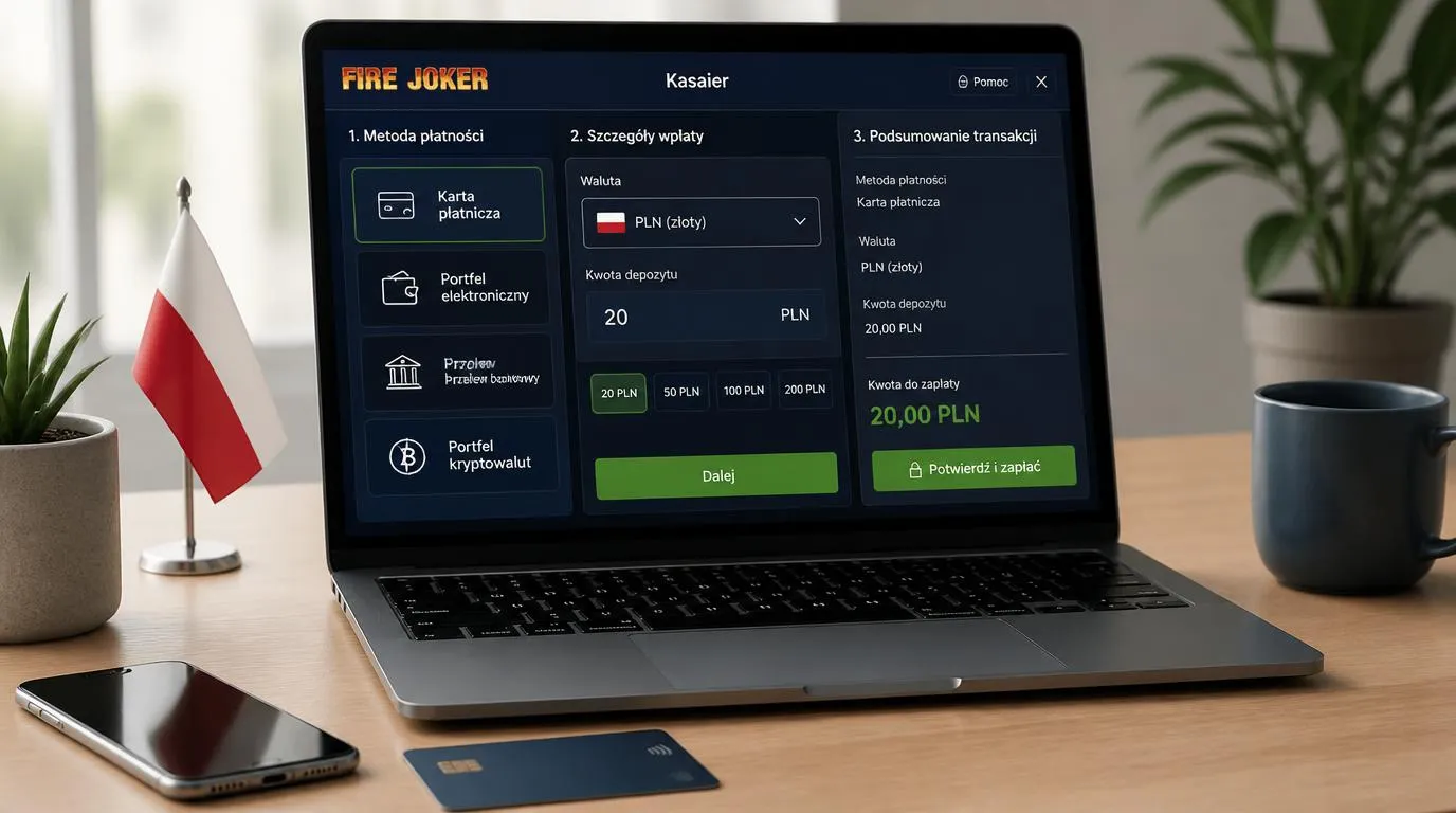 Panel kasy z saldem PLN, wyborem karty i portfela oraz podsumowaniem wpłaty 20 PLN