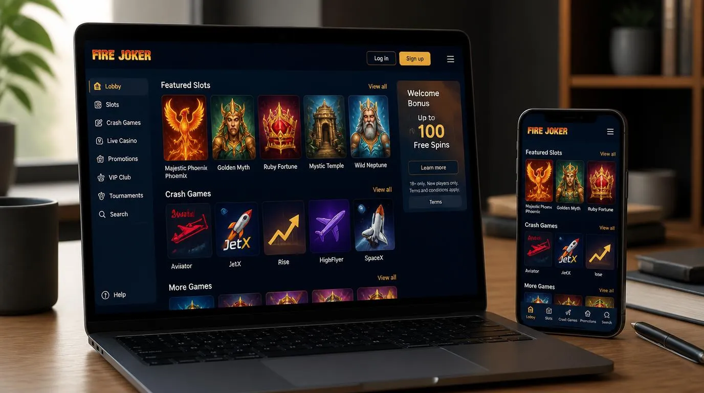 Nowoczesny katalog gier kasynowych z kafelkami automatów i gier crash na ekranie laptopa